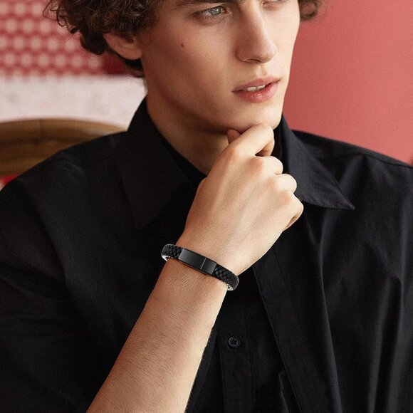 Black Leather Ashes Memorial Bangle - Remembrance Jewelry for Men Women - Picture 6 of 7